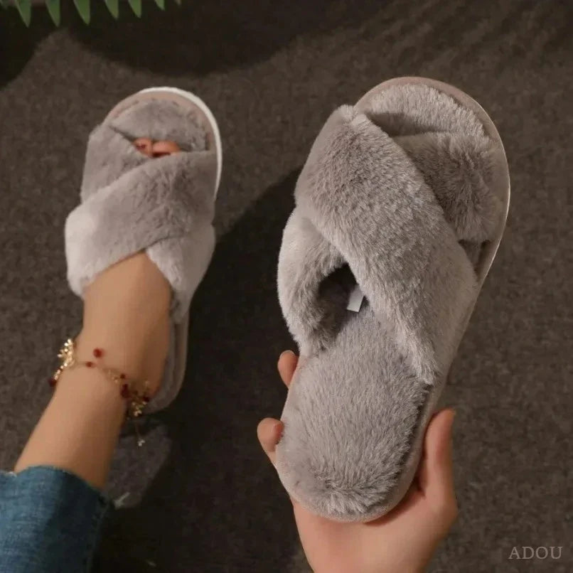 Women's Fuzzy Cross-Band Slippers – Plush Fur Indoor House Shoes