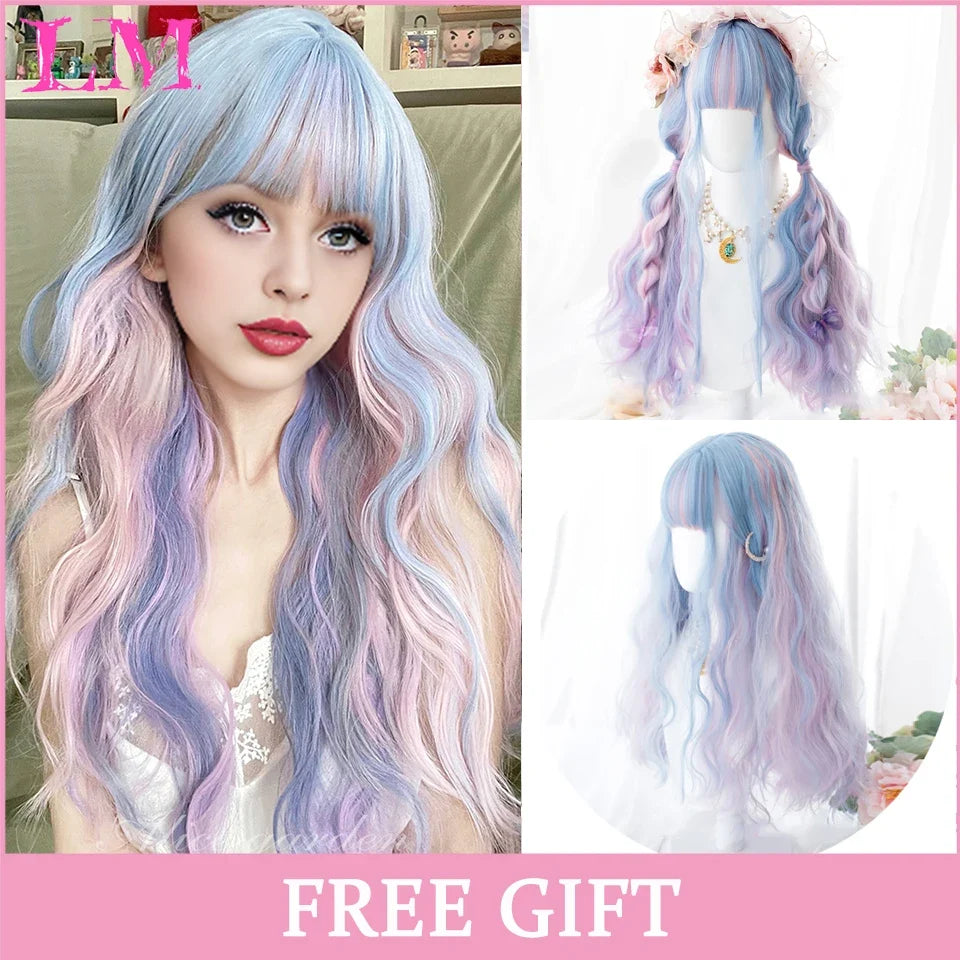 Cosplay Wig with Bangs – Long Straight Synthetic Hair 24 Inch