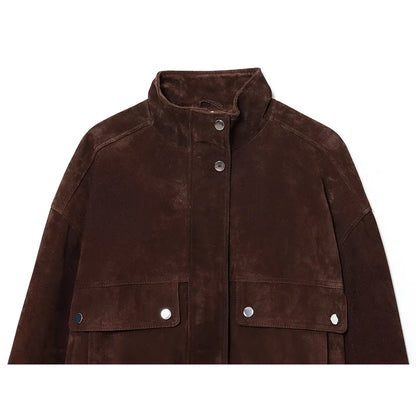Women's Suede Bomber Jacket Elegant Slim Fit with Big Pockets
