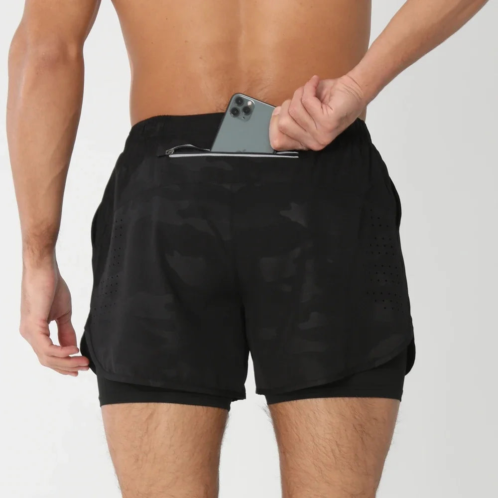 Men's 2-in-1 Running Shorts – Quick Dry Gym Workout Training Shorts with Zip Pocket