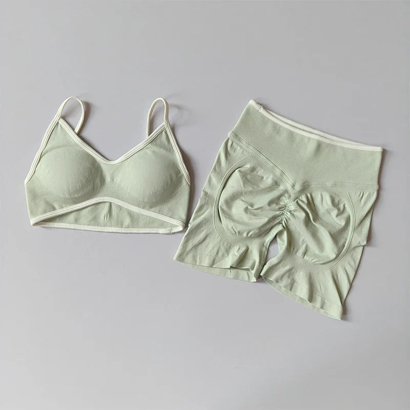 Seamless 2-Piece Yoga Set – Crop Top Sports Bra & High-Waist Shorts for Women
