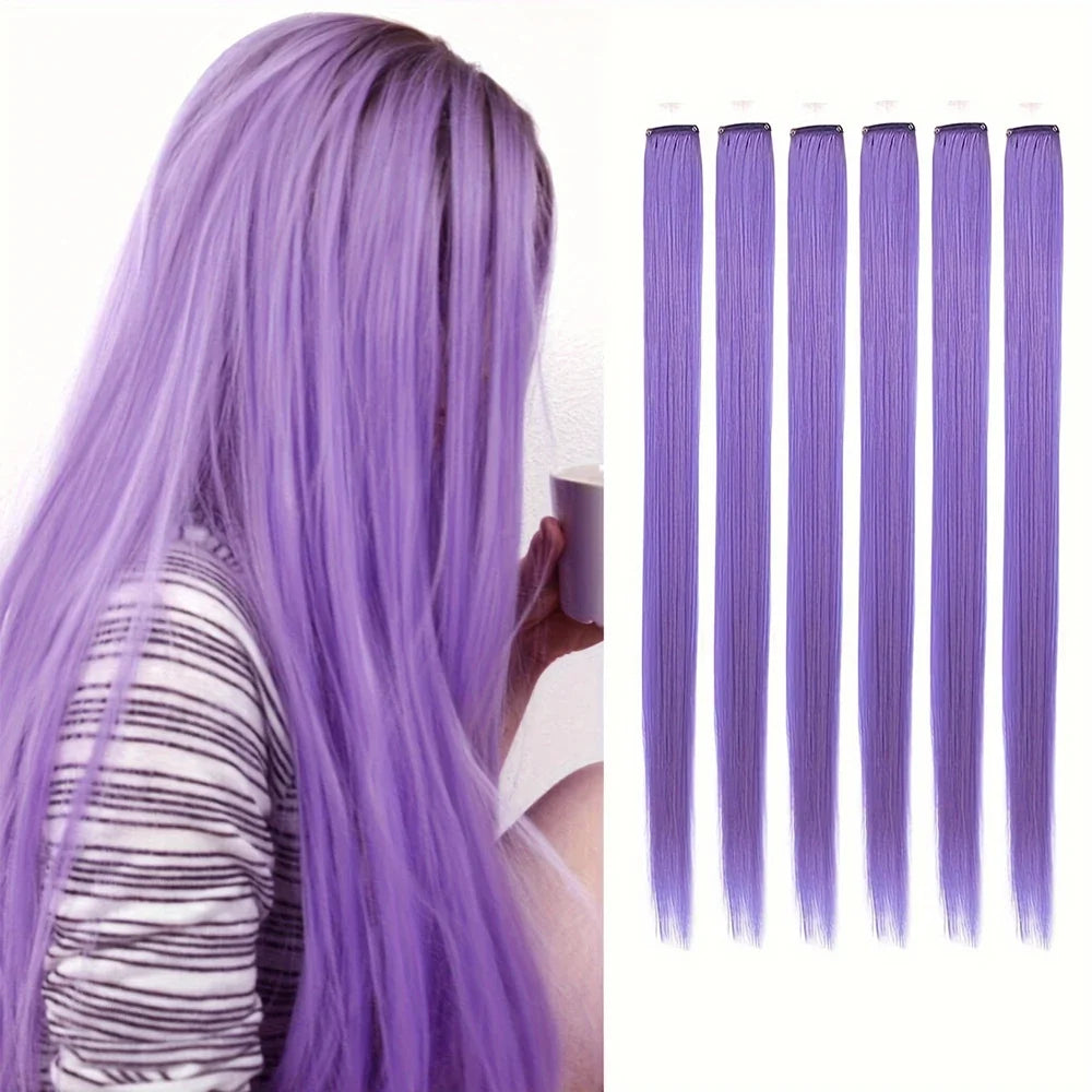 Clip-In Hair Extensions 6pcs – Colorful Highlight Streaks with Tinsel, 22 Inches
