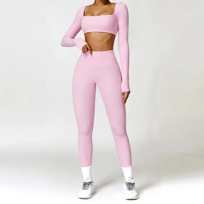 Women's 2-Piece Yoga Set – Long Sleeve Crop Top & Shorts