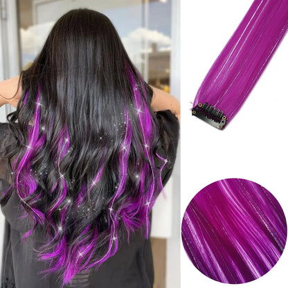 Clip-In Hair Extensions 6pcs – Colorful Highlight Streaks with Tinsel, 22 Inches