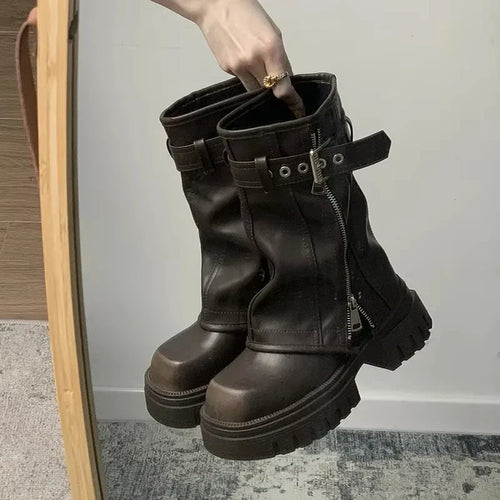Women's Platform Biker Boots – Buckle Strap Mid-Calf Booties