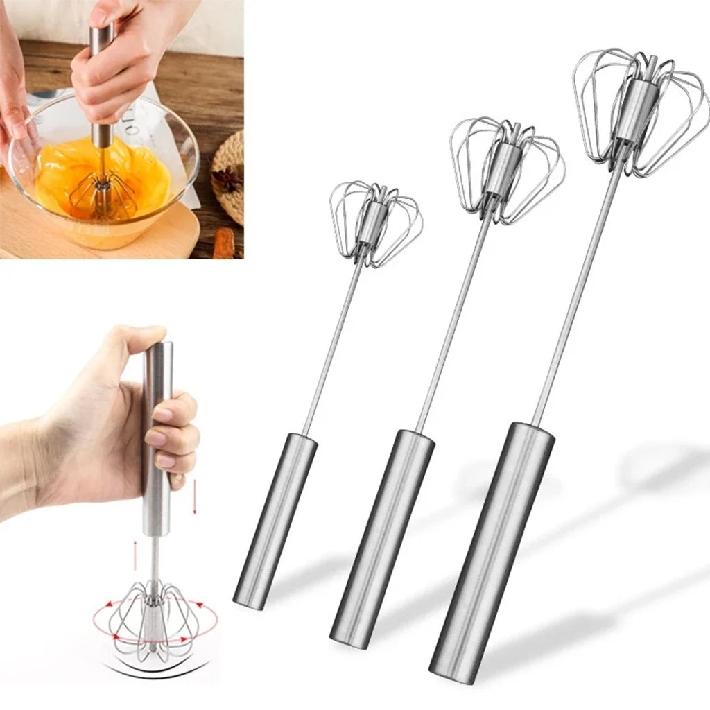Semi-Automatic Stainless Steel Egg Whisk – Self-Turning Hand Mixer
