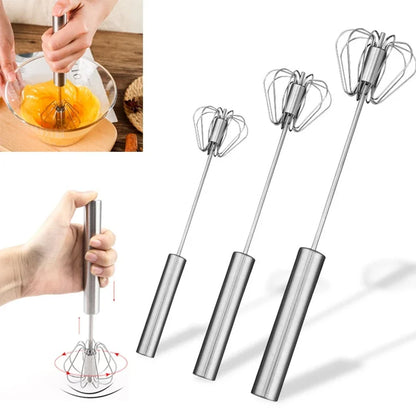 Semi-Automatic Stainless Steel Egg Whisk – Self-Turning Hand Mixer