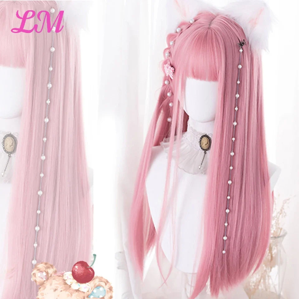 Cosplay Wig with Bangs – Long Straight Synthetic Hair 24 Inch