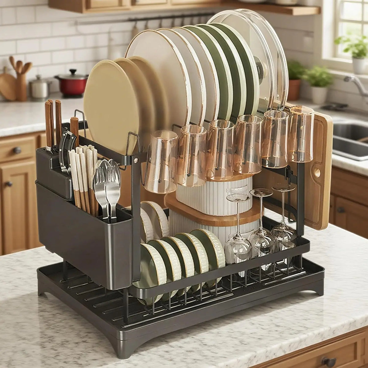 2-Tier Dish Drying Rack with Drainer Tray & Utensil Holder