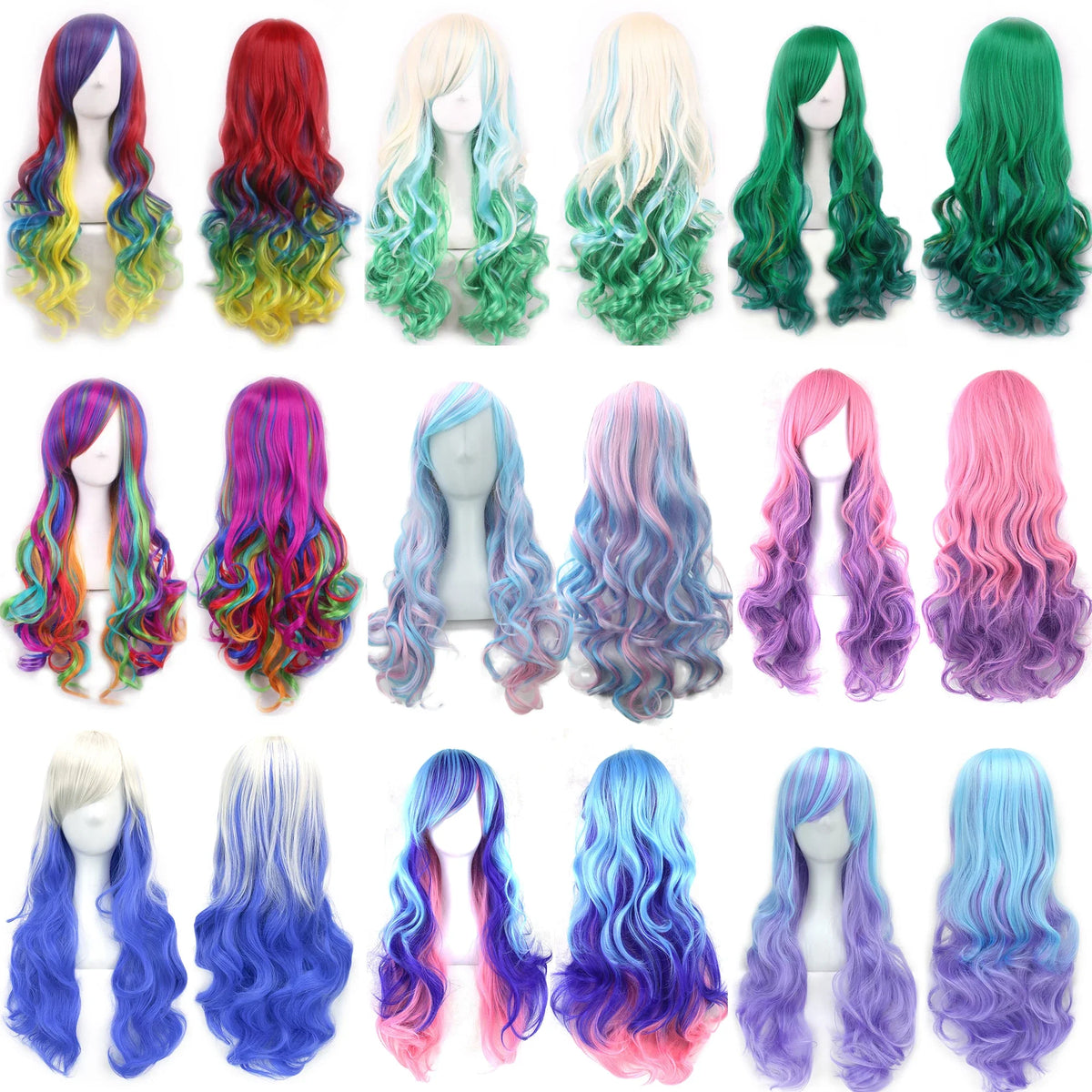 Rainbow Ombre Cosplay Wig with Bangs – Long Wavy Synthetic Hair