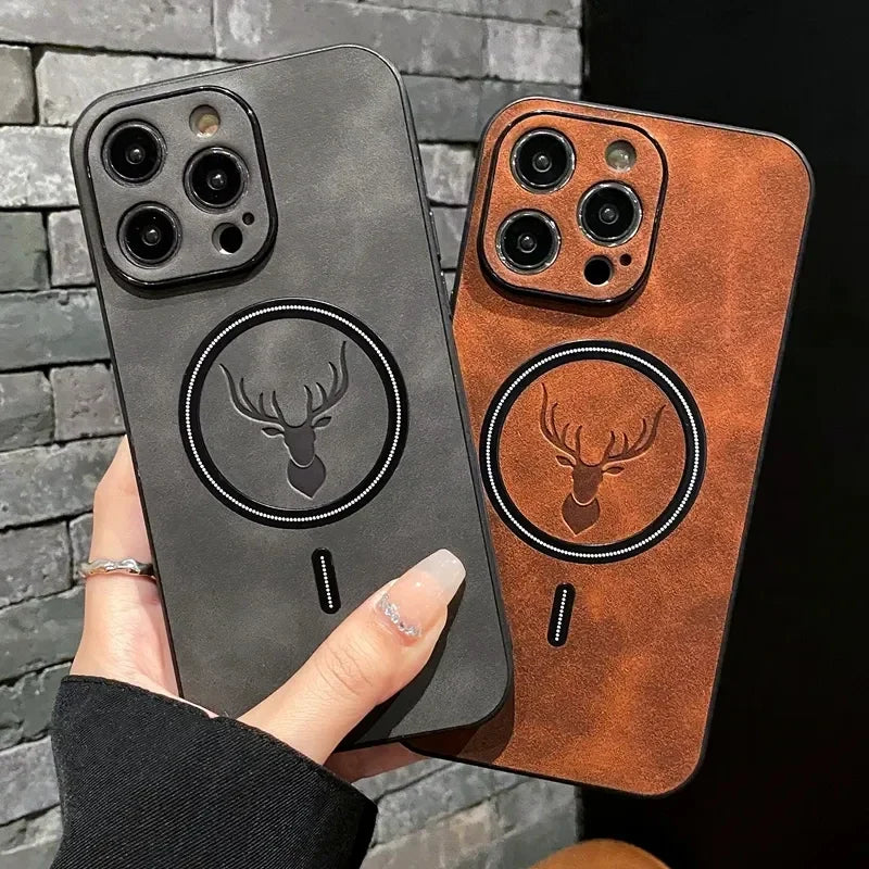 Magnetic Deer Head Leather iPhone Case with MagSafe Wireless Charging