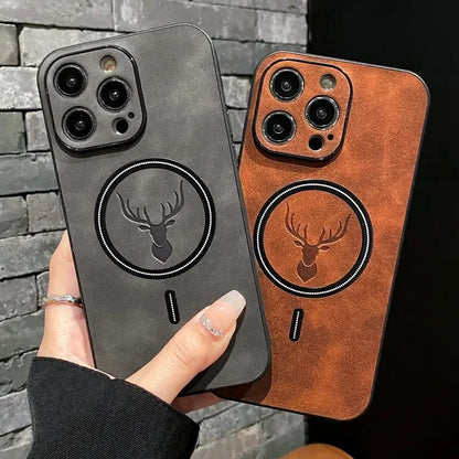 Magnetic Deer Head Leather iPhone Case with MagSafe Wireless Charging