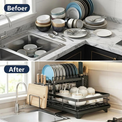 2-Tier Dish Drying Rack with Rotatable Drainage Tray & Accessories