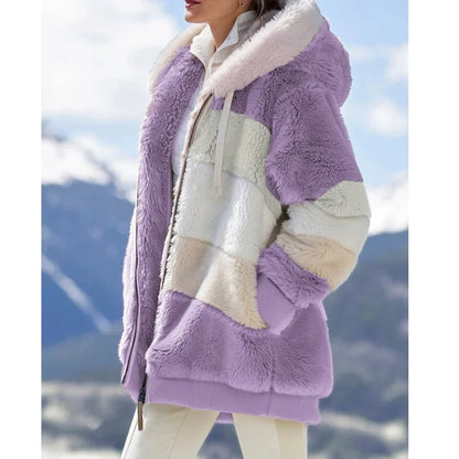 Women's Oversized Fluffy Hooded Jacket – Color Block Teddy Coat