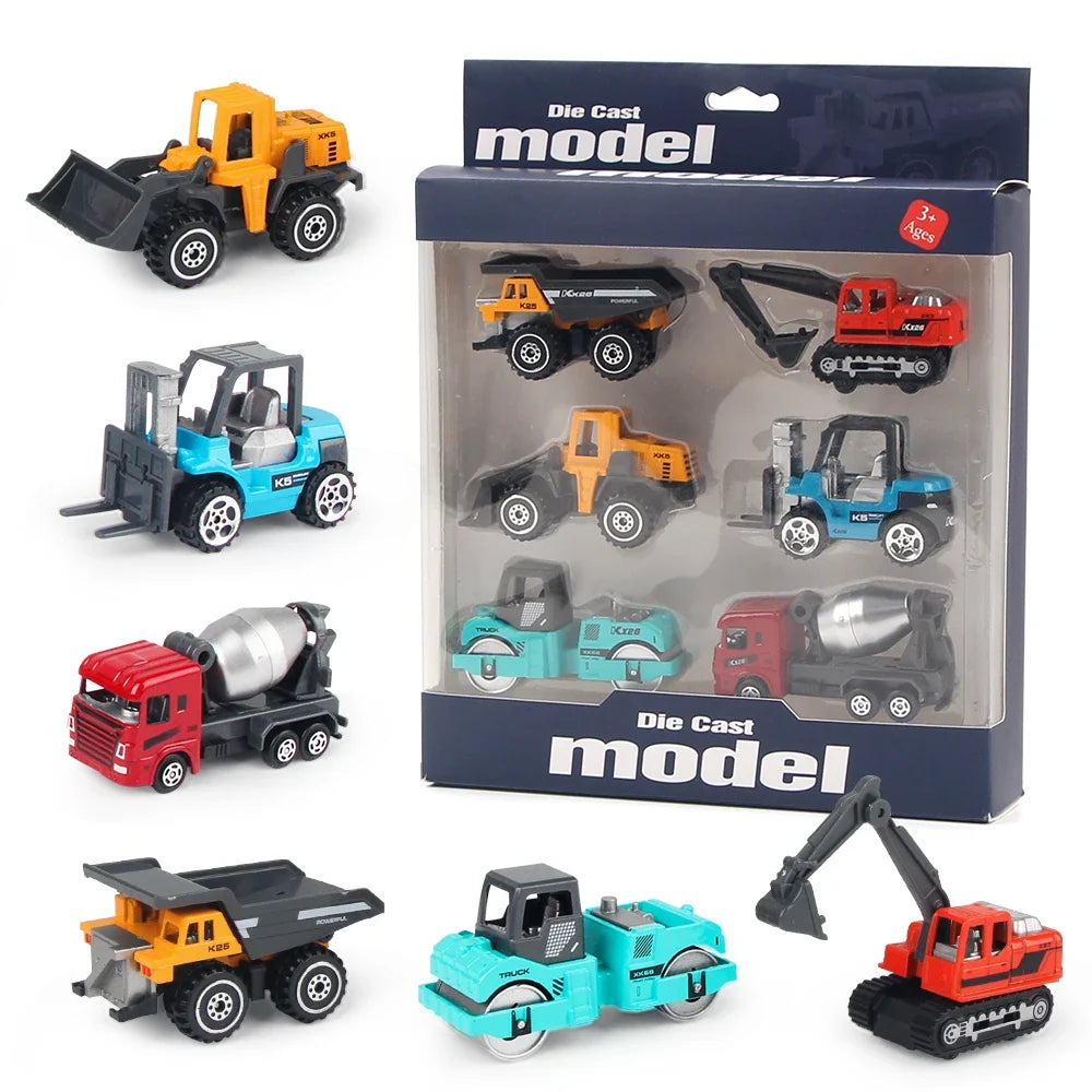 6-Piece Alloy Construction Truck Toy Set – Excavator, Loader & Tractor