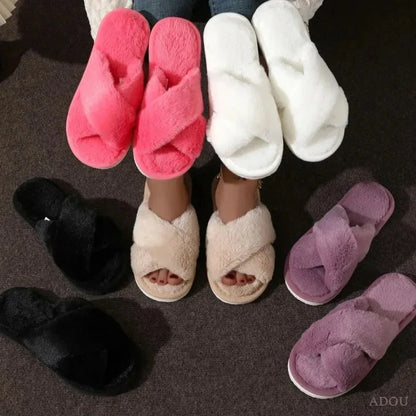 Women's Fuzzy Cross-Band Slippers – Plush Fur Indoor House Shoes