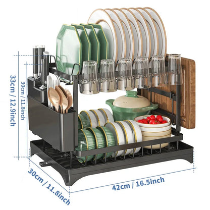 2-Tier Stainless Steel Dish Drying Rack with Drainboard & Utensil Holder