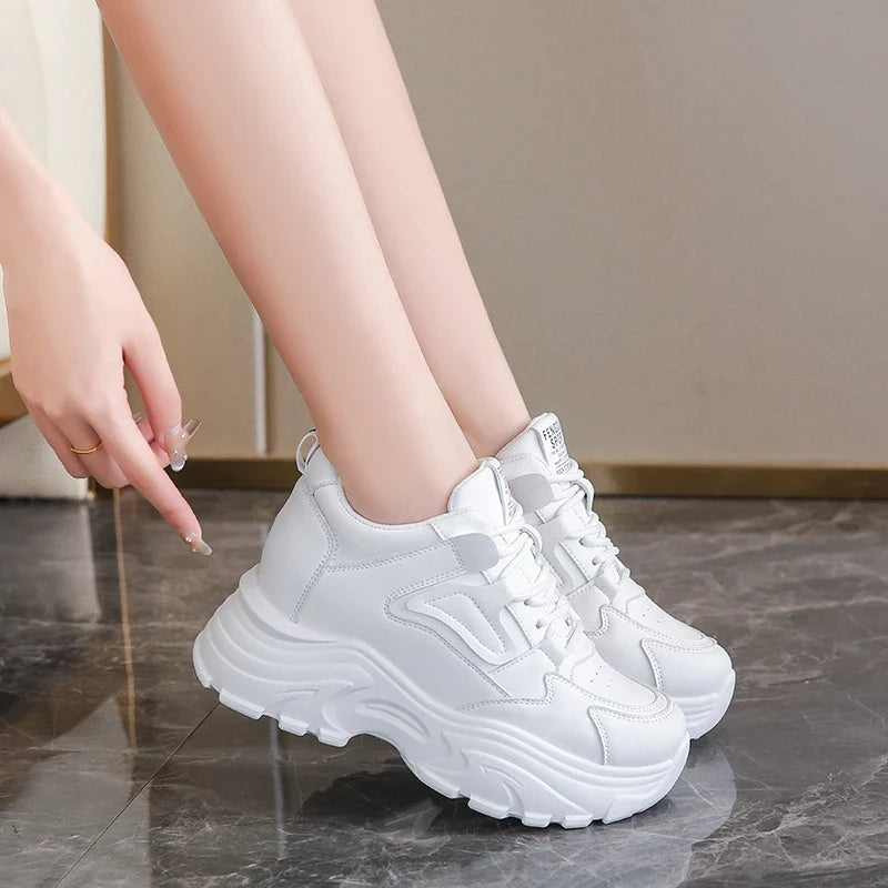 Women's Platform Sneakers – Lace-Up Thick Sole PU Leather Shoes
