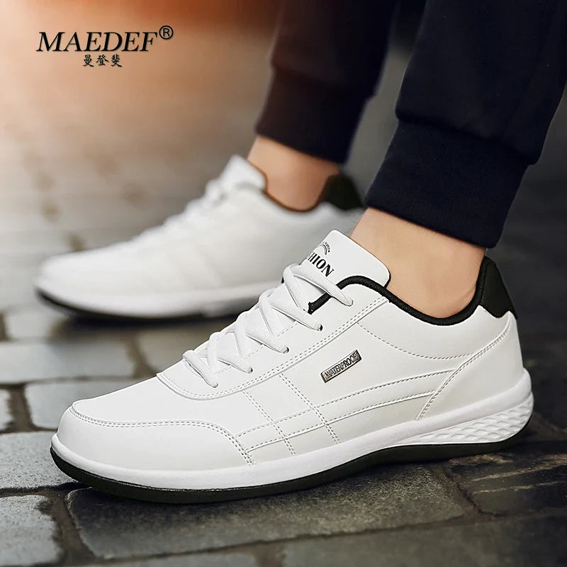 Men's Waterproof Leather Sneakers – Casual Lace-Up Vulcanized Shoes
