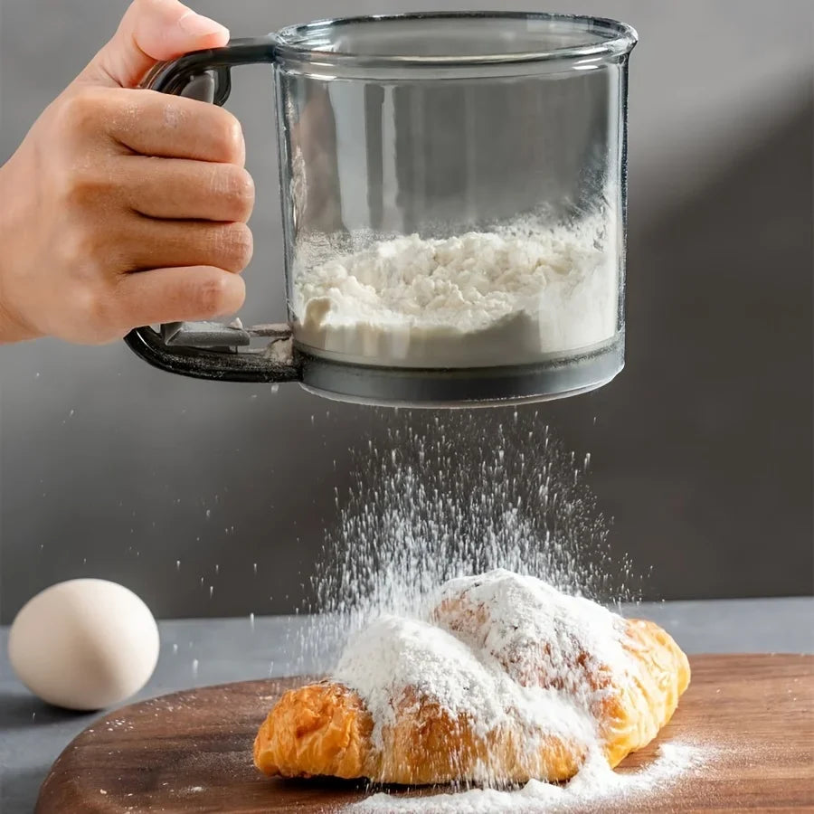 Hand Press Flour Sifter – Semi-Automatic Transparent Baking Sieve with Measurement Markings