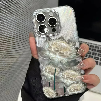 White Lotus Flower Clear iPhone Case with Wrist Strap
