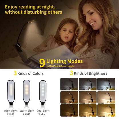 LED Book Light USB Rechargeable Clip-On Reading Lamp – 7 LED 3 Color Modes