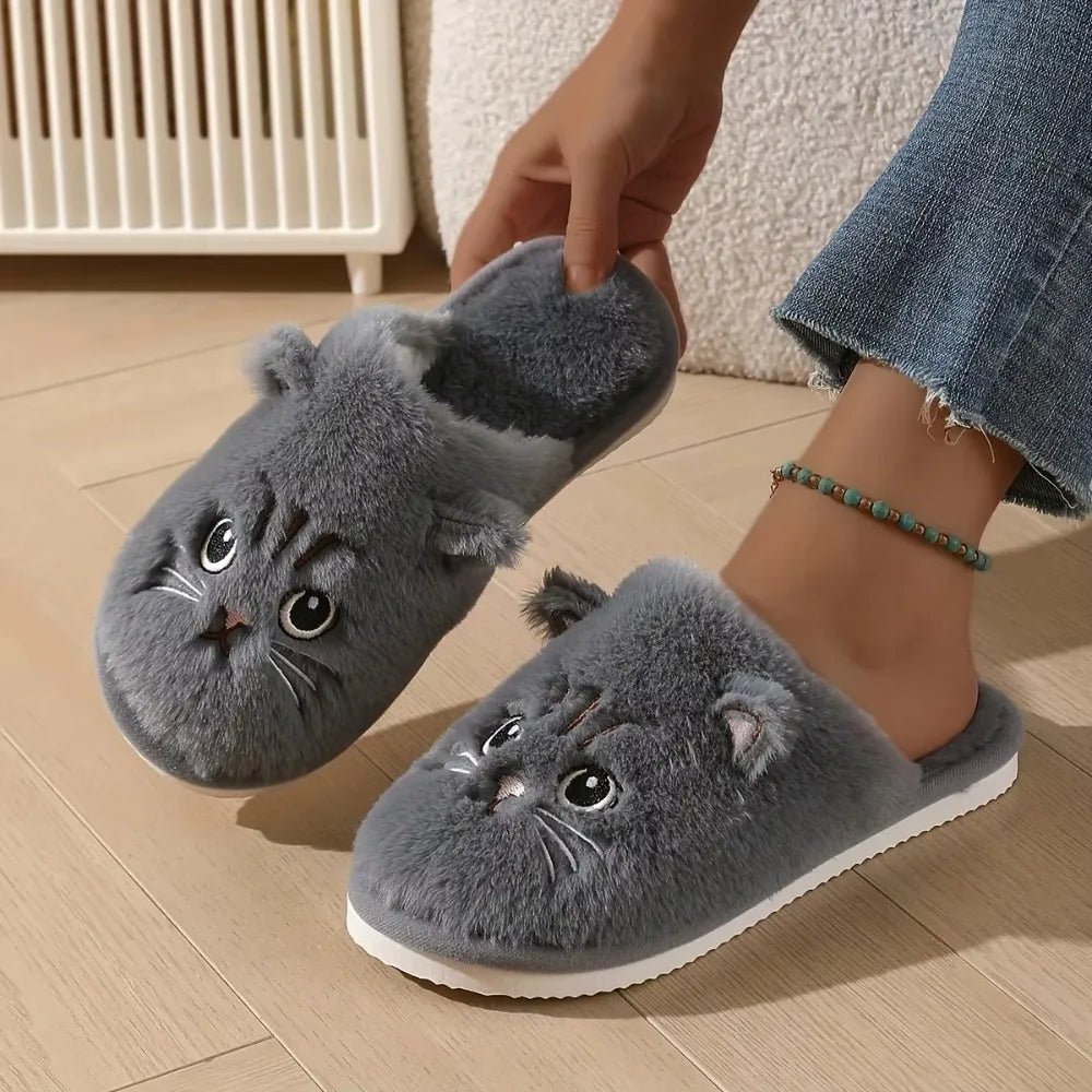 Plush Cat Slippers – Cozy Non-Slip Indoor House Shoes for Women
