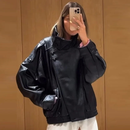 Women's Oversized Faux Leather Bomber Jacket – Cropped Zip-Up Coat
