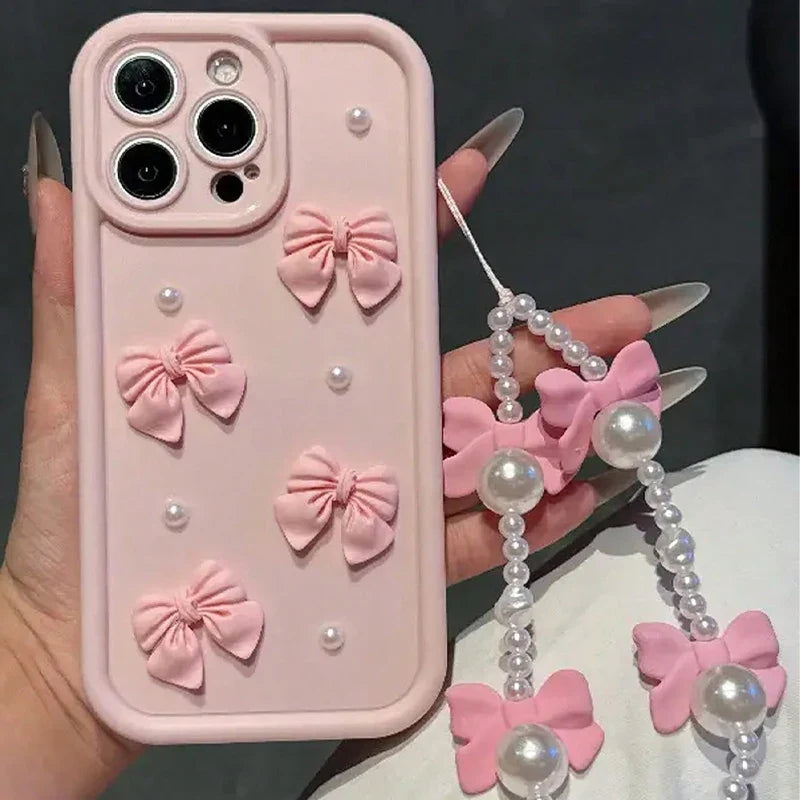 3D Bow Pearl Silicone iPhone Case with Pearl Lanyard