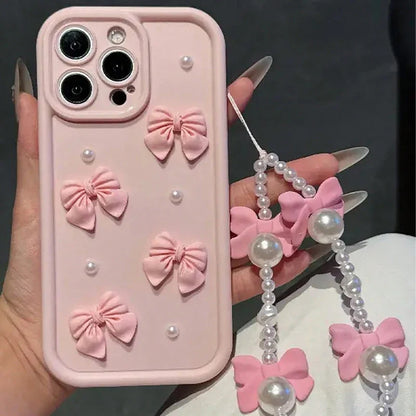 3D Bow Pearl Silicone iPhone Case with Pearl Lanyard