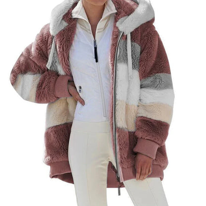 Women's Oversized Fluffy Hooded Jacket – Color Block Teddy Coat