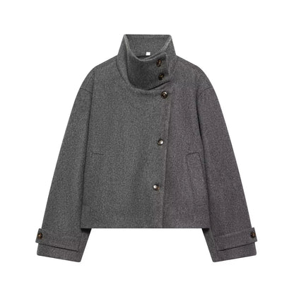 Women's Stand Collar Button Wool Blend Short Coat – Loose Casual Winter Jacket