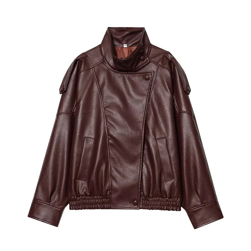 Women's Faux Leather Oversized Bomber Jacket – Winter Outerwear