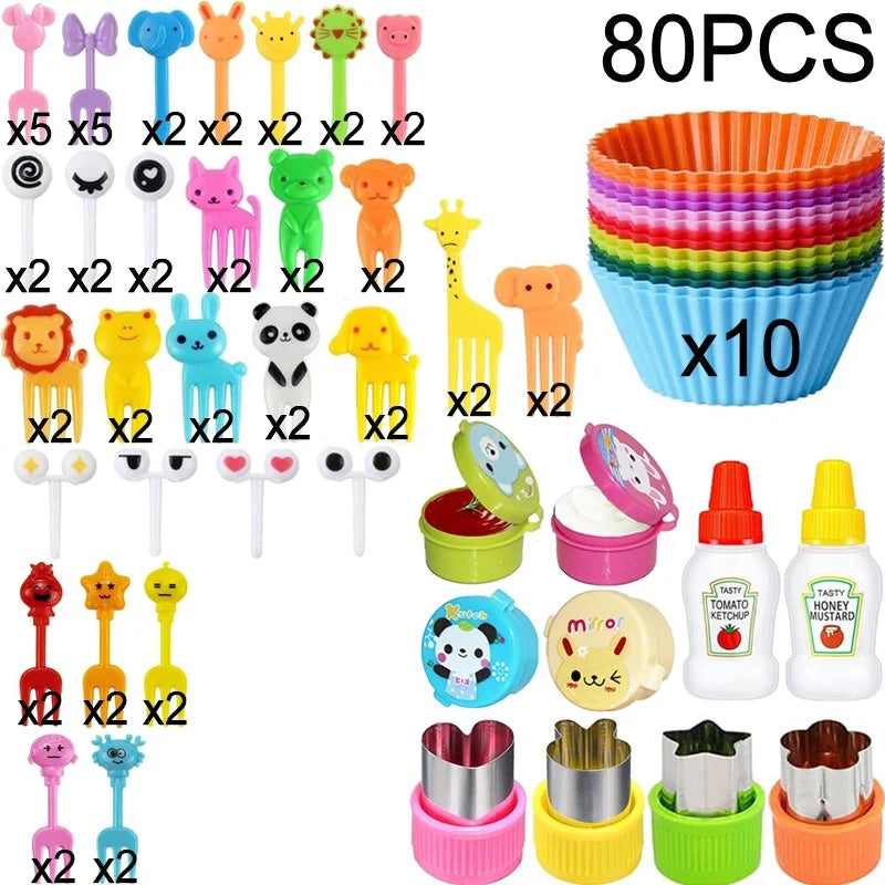 Kids Bento Lunch Box Accessories Set – Animal Food Picks, Silicone Cups & Food Cutters