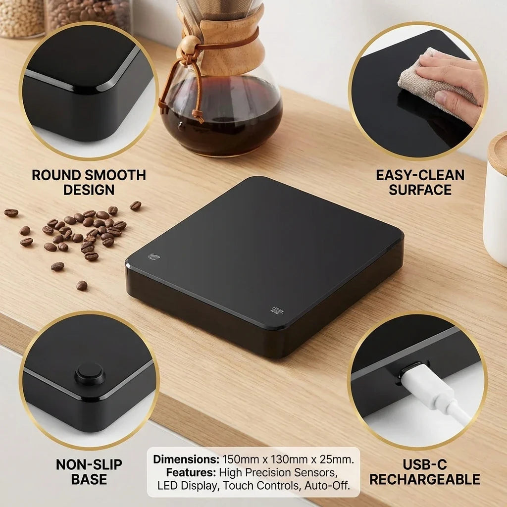 Digital Coffee Scale with Timer – USB Rechargeable, 0.1g Accuracy