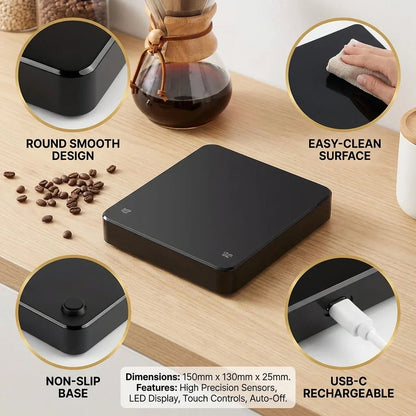 Digital Coffee Scale with Timer – USB Rechargeable, 0.1g Accuracy