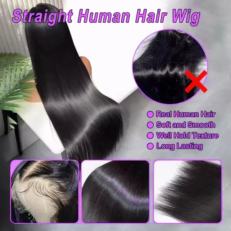 Straight Human Hair Lace Front Wig – 13x4 HD Lace, 180%-250% Density, 18-40 Inches