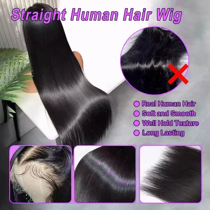 Straight Human Hair Lace Front Wig – 13x4 HD Lace, 180%-250% Density, 18-40 Inches