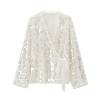 Women's Sequin Kimono Jacket – Long Sleeve Wrap Coat