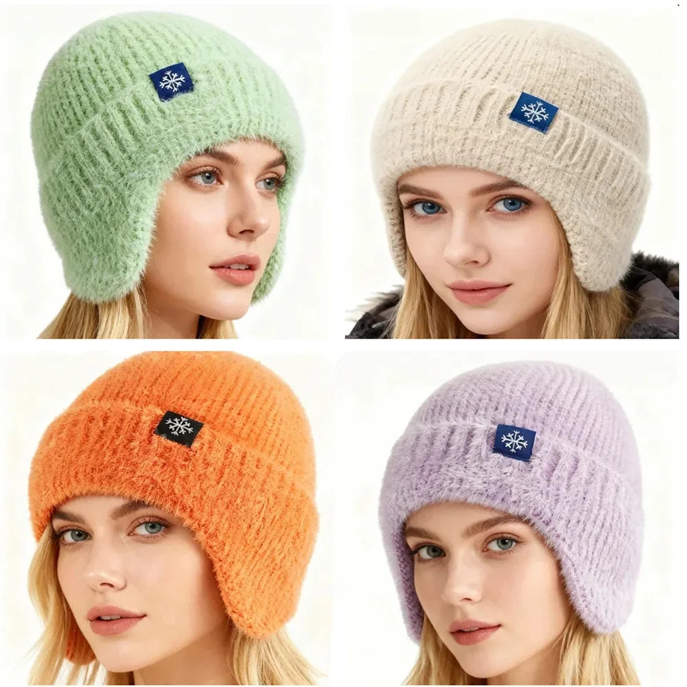 Women's Earflap Beanie – Faux Fur Knit Winter Hat