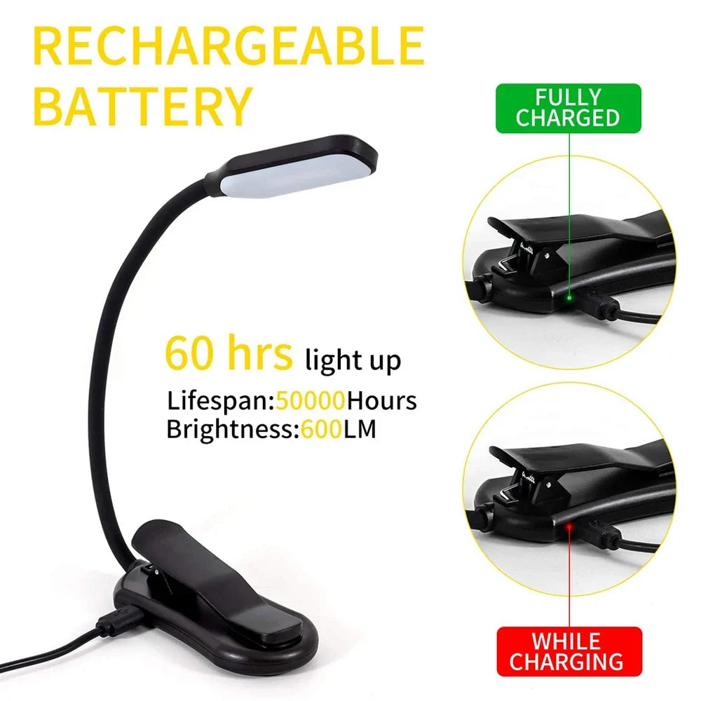 LED Book Light USB Rechargeable Clip-On Reading Lamp – 7 LED 3 Color Modes