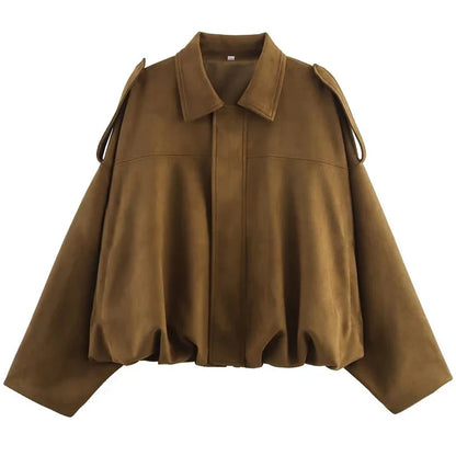 Women's Cropped Suede Bomber Jacket – Lapel Zip Racing Coat