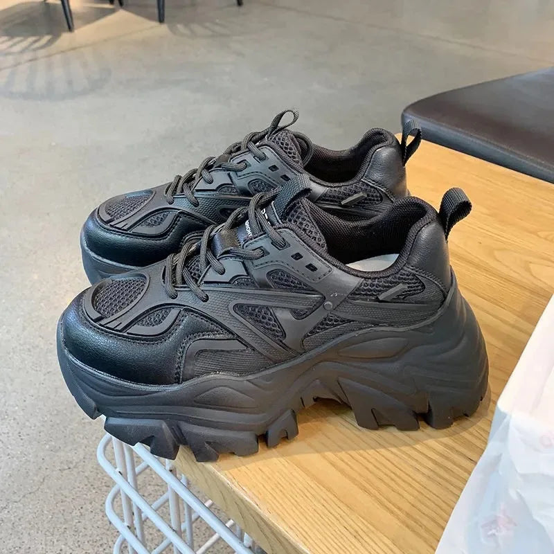 Women's Chunky Platform Sneakers – Mesh & Leather Casual Shoes