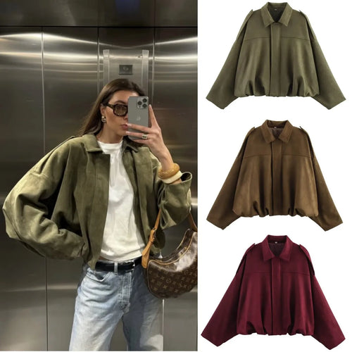 Women's Oversized Suede Texture Bomber Jacket