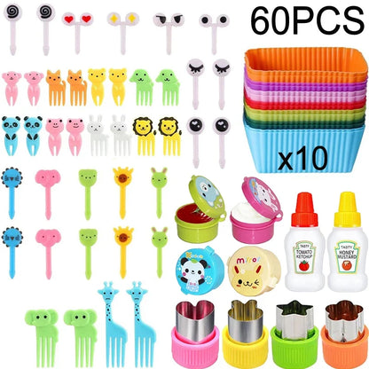Kids Bento Lunch Box Accessories Set – Animal Food Picks, Silicone Cups & Food Cutters