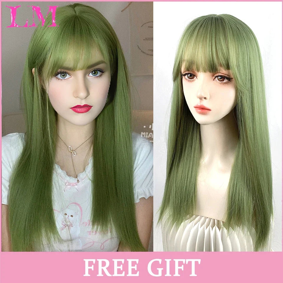 Cosplay Wig with Bangs – Long Straight Synthetic Hair 24 Inch