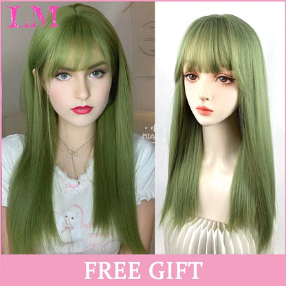 Cosplay Wig with Bangs – Long Straight Synthetic Hair 24 Inch