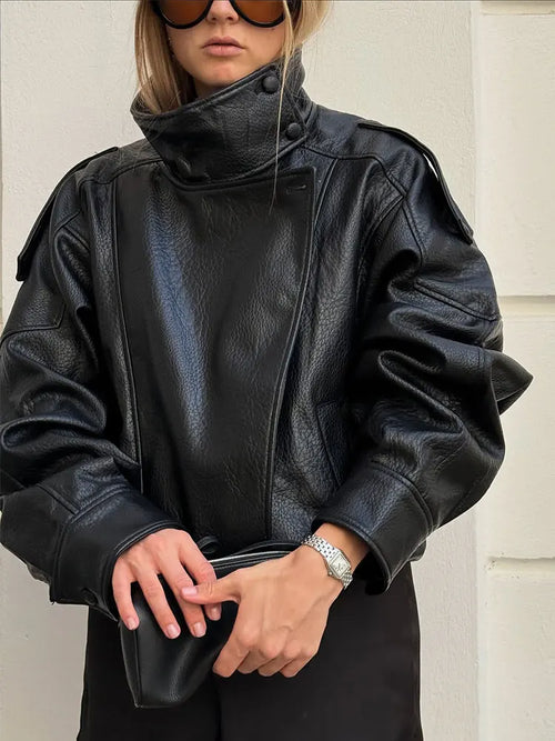 Women's Oversized Faux Leather Moto Jacket