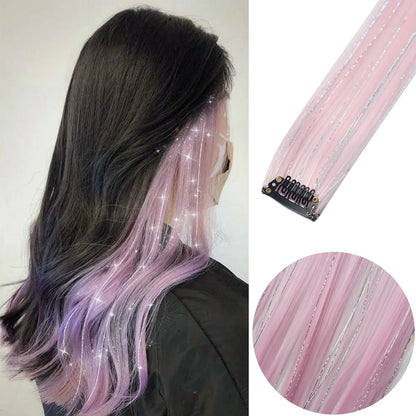 Clip-In Hair Extensions 6pcs – Colorful Highlight Streaks with Tinsel, 22 Inches