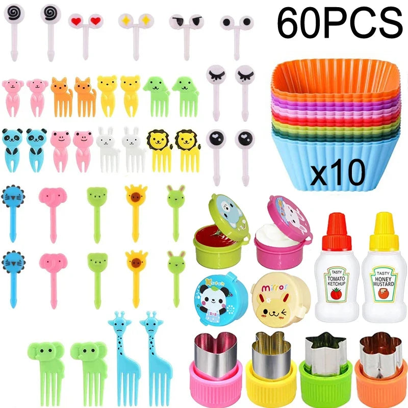 Kids Bento Lunch Box Accessories Set – Animal Food Picks, Silicone Cups & Food Cutters